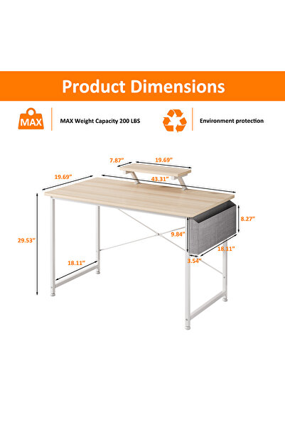 Bojasmiial Ergonomic Computer Desk Table with Storage Bag & Monitor Stand for Home Office, Study, Gaming