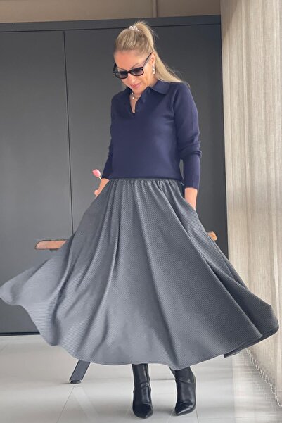 MİSLİNA BUTİK Gri Pitikare Kaşe Etek