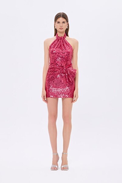 CENGIZ AKTURK Bel Detaylı Boyundan Askılı Payet Mini Abiye Elbise - 9240C