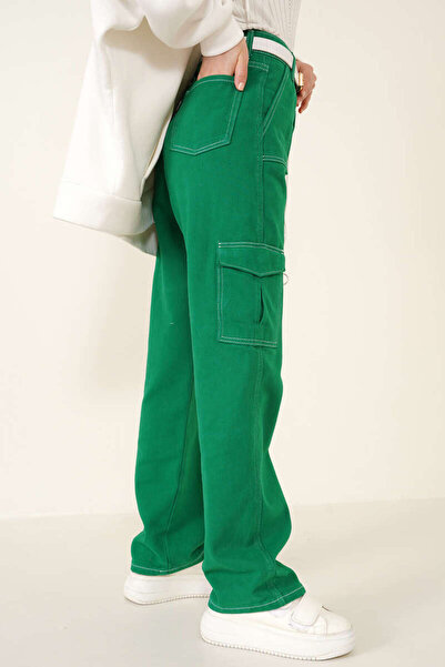 KOTOLOG Unisex Green White Stitched Wide Leg Pants Baggy Regular Fit Jogger Cargo Pocket Jeans