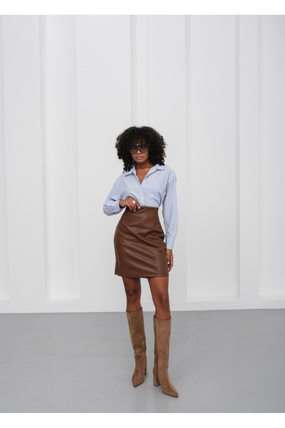 OUZ Düz Kesim Bel Suni Deri Mini Etek