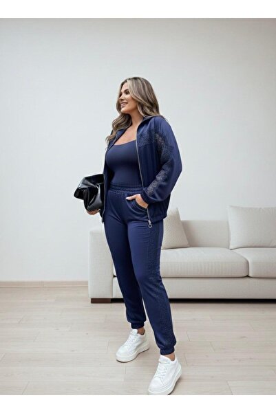 Koza Butik Women's Plus Size Guipure Detailed Zippered Scuba Tracksuit Set 8217-26