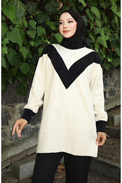 sefamerve Πλεκτό V Μοτίβο συνδυασμός υφασμάτων Τουνίκ 3017-09 Μπεζ