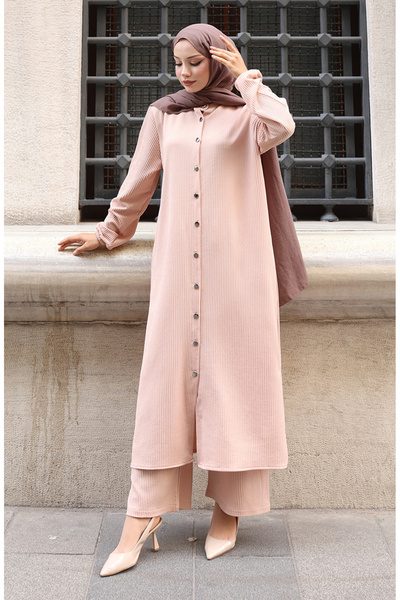 sefamerve Corded Fabric Button Hijab Trouser Suit 2176-03 Beige