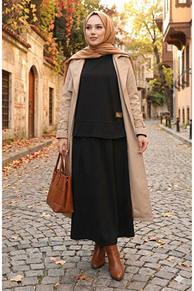 sefamerve Scuba Fabric Hijab Tunic Skirt Double Set 0221-01 Black