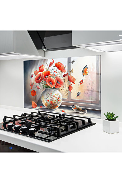 Arthub Panou Sticla Bucatarie, Protectie aragaz, Termorezistent, Flori, Poppi...