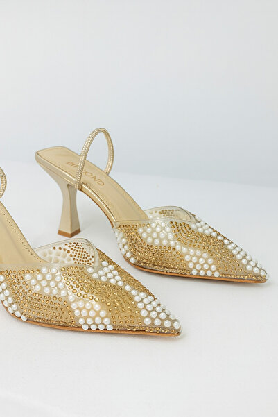 Beyond Women's Gold Crystal Bead Detailed Strappy Pointed Toe Evening Dress Shoes 8.5 cm Byndprs06