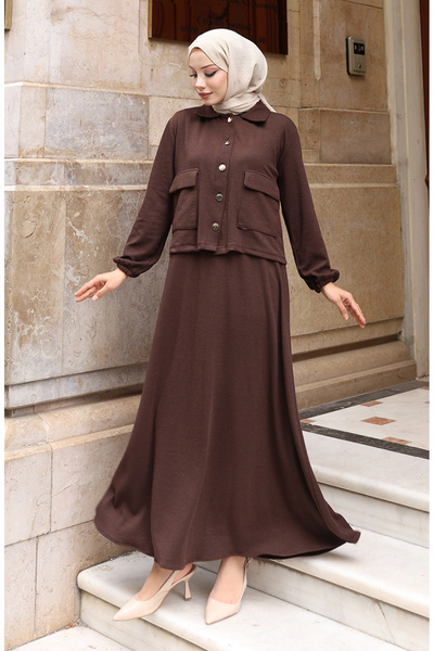 sefamerve Corded Fabric Button Jacket Dress Hijab Set 0219-01 Brown