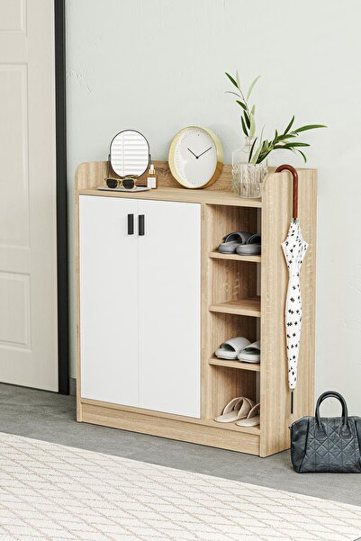 Hofga Palaz 4 Raflı 2 Kapaklı Dekoratif Ayakkabılık Beyaz Meşe