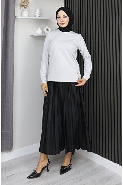 sefamerve Λεπτομερής χτενισμένη βαμβακερή μπλούζα με σχισμή 1064-01 Πέτρα