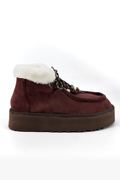 Shoebutik Γυναικείες μπότες Juno Bitter Brown με λεπτομέρεια από γούνα με κορδόνια