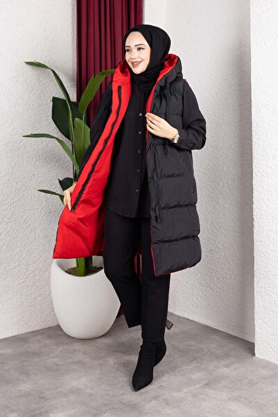 MİSSKAYLE Κόκκινο φουσκωτό γιλέκο με κουκούλα διπλής όψης