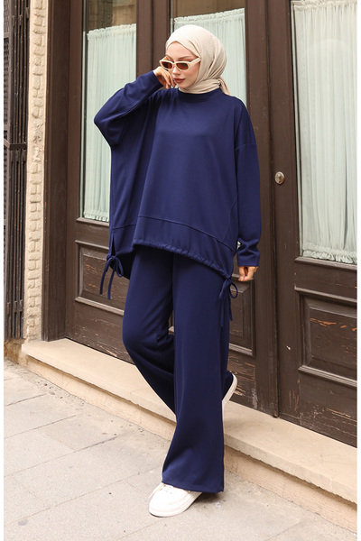 sefamerve Lace Detailed Hijab Trouser Suit 2175-01 Navy Blue