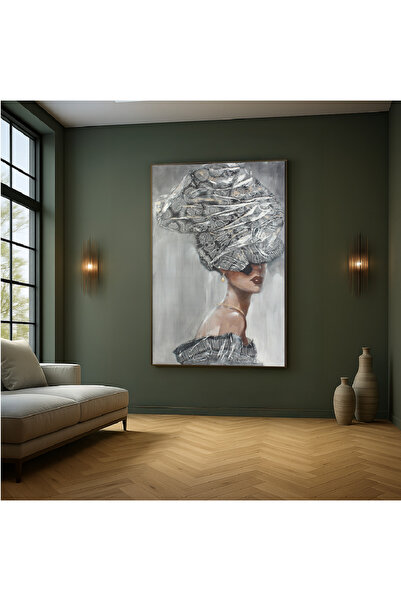 Almonfared لوحة فنية - بروفايل امرأة بغطاء رأس رمادي متعدد الطبقات