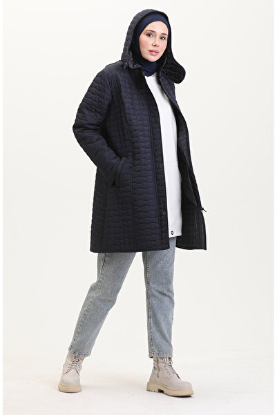 sefamerve Μεγάλο μέγεθος με κουκούλα Παλτό Καπιτονέ 6132-03 Ναυτικό Μπλε