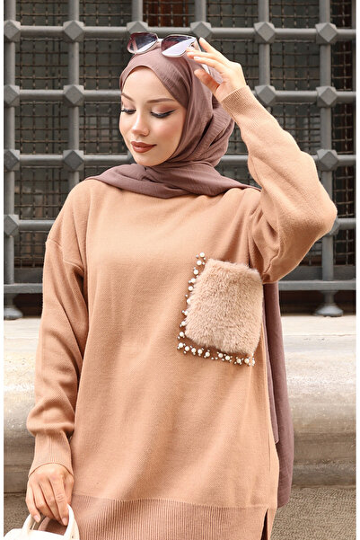 sefamerve Knitwear Pocket Detailed Tunic Trousers Double Set 1093-02 Milky Coffee