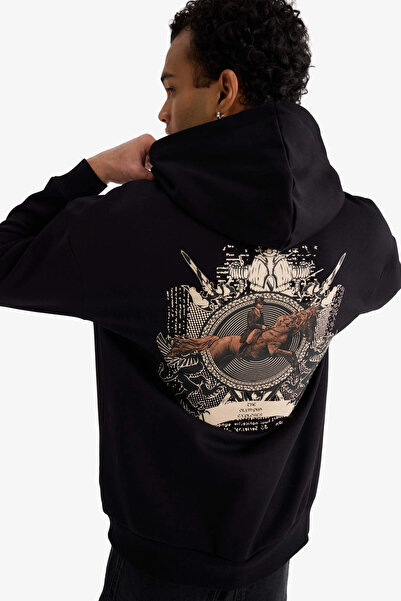 DeFacto F2104Axbk81 Black Boxy Fit Hooded Back Printed Sweatshirt