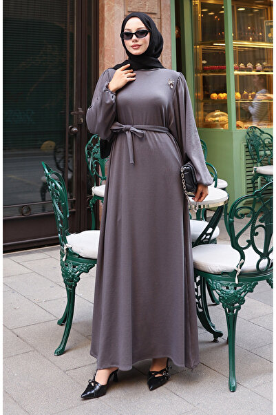 sefamerve Brooched lace detailed Corded Fabric hijab dress 0220-03 anthracite