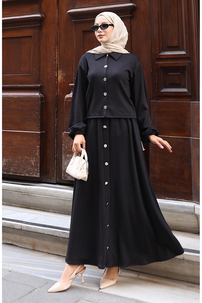 sefamerve Shirt Collar Hijab Tunic Skirt Two-Piece Set 0223-06 Black
