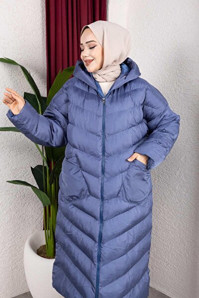 MİSSKAYLE Μπλε πουπουλένιο παλτό με τσέπες με κουκούλα