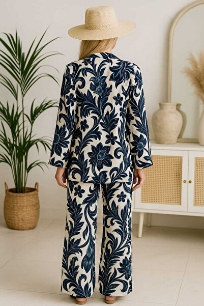 forte bella Patterned Top and Bottom Kimono Set