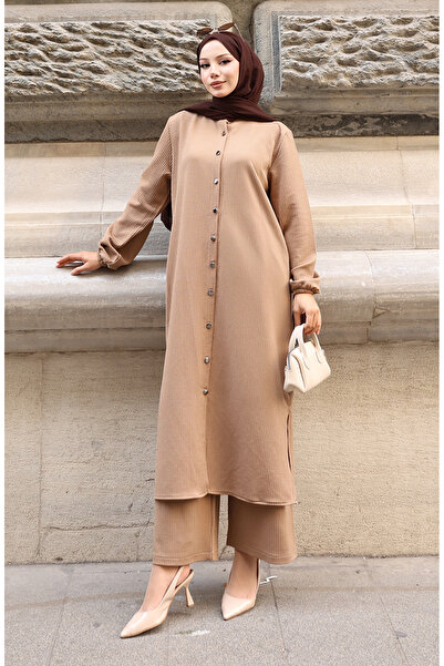 sefamerve Σετ παντελόνι με κοτλέ κουμπιά Hijab 2176-02 Γαλακτώδης καφές