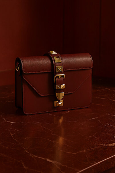 ŞIK VE MUTLU Leather Burgundy Bun Model Shoulder Bag