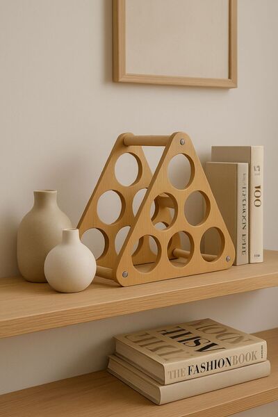 AYBİ DEKOR TEZGAH VE MASA ÜSTÜ ÜÇGEN AHŞAP ŞARAPLIK STANDI / ŞİŞE STANDI AÇIK MEŞE MDFLAM 6 GÖZLÜ