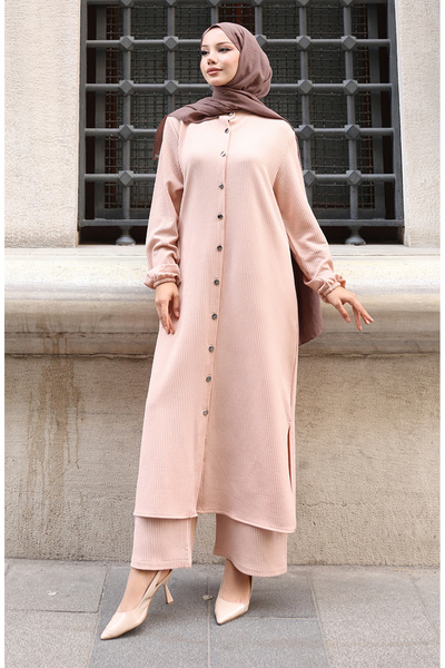 sefamerve Corded Fabric Button Hijab Trouser Suit 2176-03 Beige