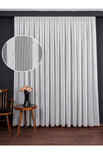 Perdelit Yumuşak Dokulu Gümüş Damlacık Desenli File tül perde Ütü İstemez (1/...