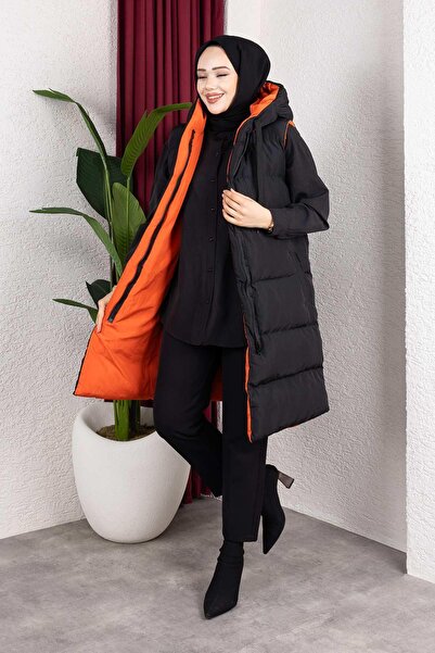 MİSSKAYLE Πορτοκαλί φουσκωτό γιλέκο με κουκούλα διπλής όψης