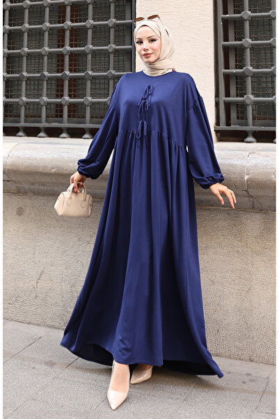 sefamerve Lace Detailed Comfortable Cut Hijab Dress 2171-05 Navy Blue