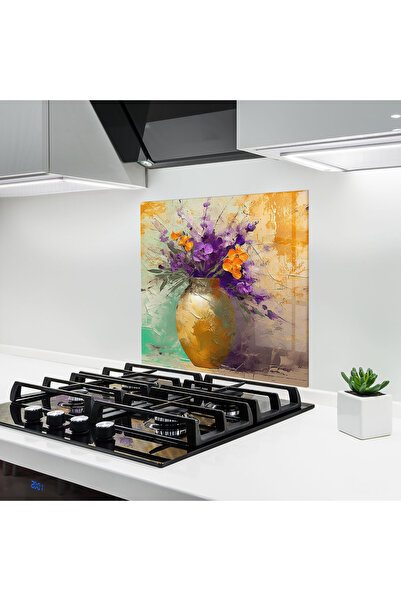 Arthub Panou Sticla Bucatarie, Protectie aragaz, Termorezistent, Flori, Purpl...