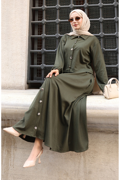 sefamerve Shirt Collar Hijab Tunic Skirt Two-Piece Set 0223-03 Khaki