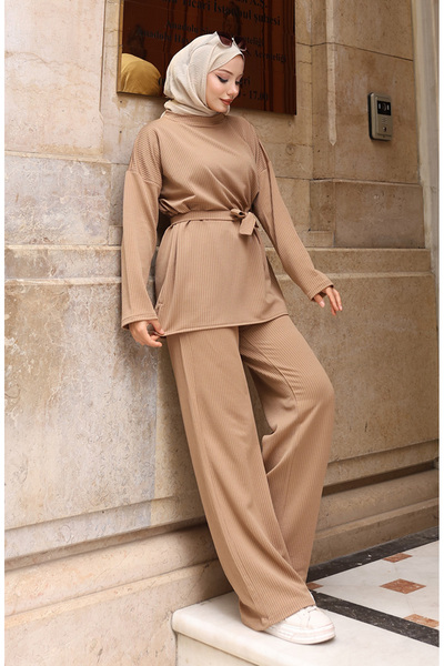 sefamerve Corded Fabric Tie-Up Hijab Pants Set 2172-04 Milky Coffee