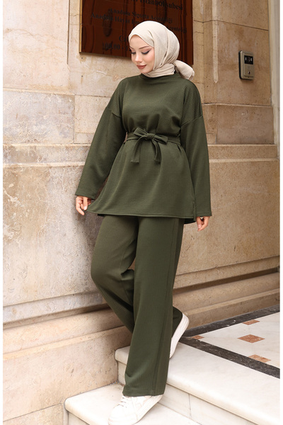 sefamerve Corded Fabric Tie-Up Hijab Trouser Set 2172-02 Dark Green