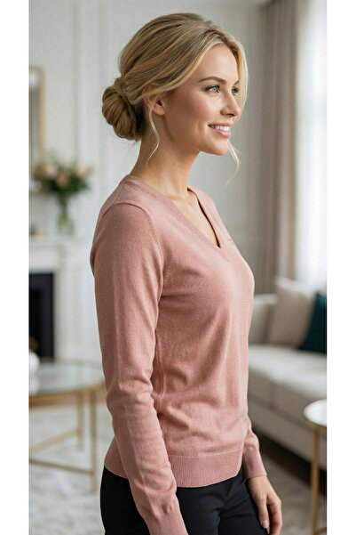 Gant Women's cotton knitted sweater with V-neck - color Dusty Rose