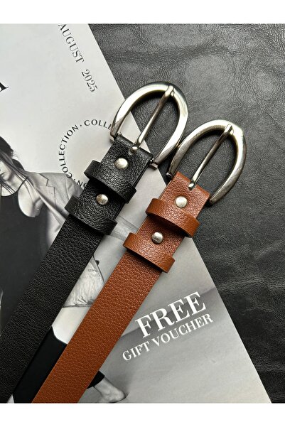 LİA KEMER Pachet de 2 Curea cu cataramă argintie pentru femei, cu model clasi...