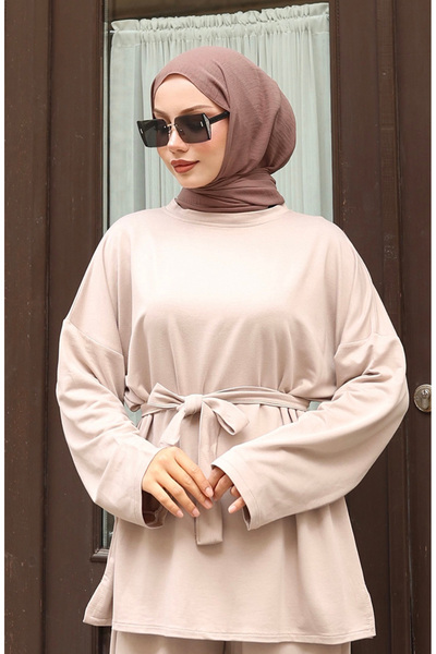 sefamerve Lace Detailed Hijab Trouser Suit 2174-03 Beige