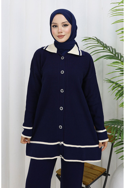 sefamerve Knitted polo neck buttoned tunic pants double set 1108-06 navy blue