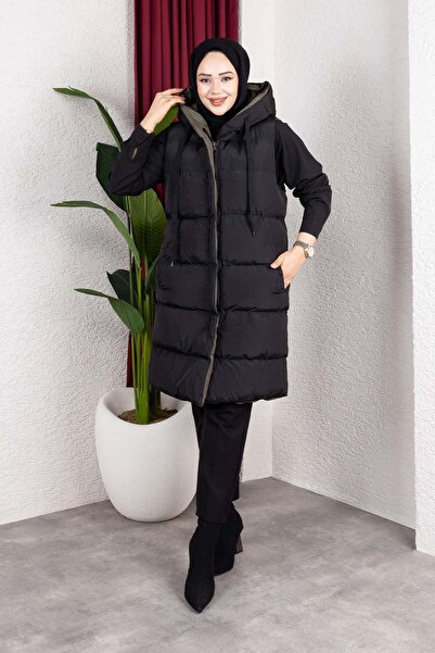 MİSSKAYLE Φουσκωτό γιλέκο χακί με κουκούλα διπλής όψης