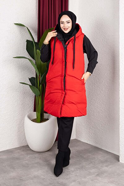 MİSSKAYLE Κόκκινο φουσκωτό γιλέκο με κουκούλα διπλής όψης