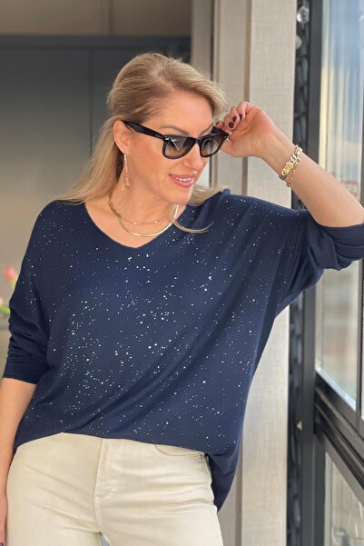 MİSLİNA BUTİK Işıltı Detay Lacivert Bluz