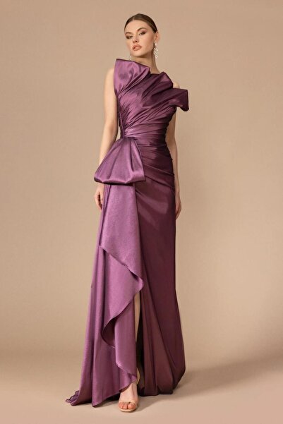 Kenzel Straplez Yaka Drapeli Yırtmaçlı Uzun Abiye Elbise - 7056