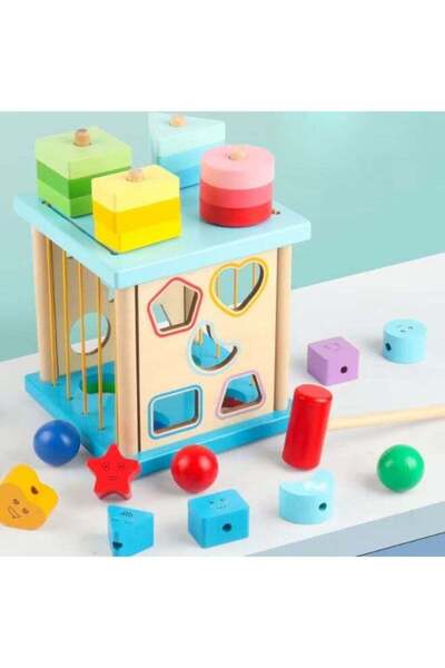 dehkah مكعب أنشطة خشبي متعدد الوظائف - مقعد دق بمطرقة وأداة فرز الأشكال والتكديس