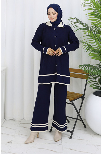 sefamerve Knitted polo neck buttoned tunic pants double set 1108-06 navy blue