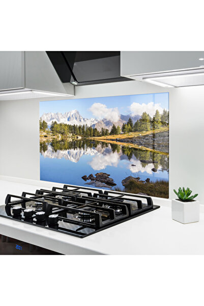 Arthub Kitchen Glass Panel, Stove Protection, Heat Resistant, Landscapes, Mountain Reflection