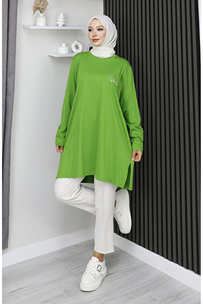 sefamerve Ψηφιακό χτενισμένο βαμβακερό τουνίκ μεγάλου μεγέθους με τύπωμα 9134B-02 Πράσινο