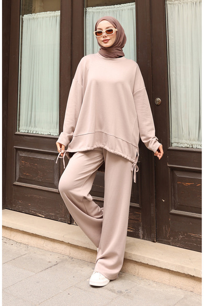 sefamerve Lace Detailed Hijab Trouser Suit 2175-02 Beige