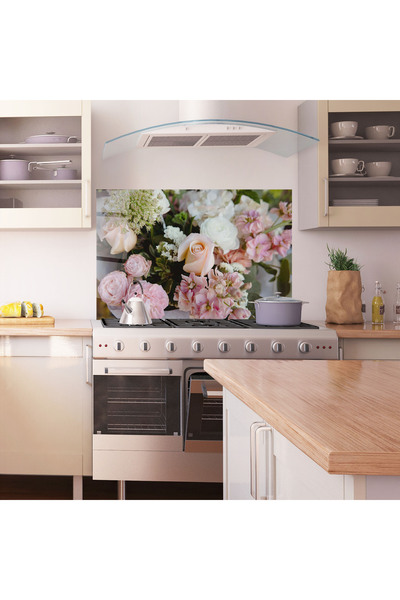 Arthub Kitchen Glass Panel, Stove Protection, Heat Resistant, Flowers, Beautiful Pink Pastel